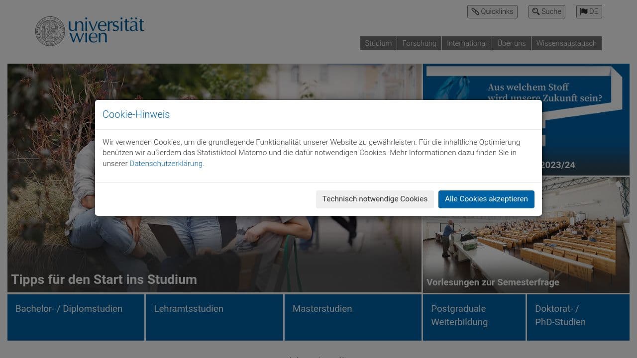 university of vienna website screenshot