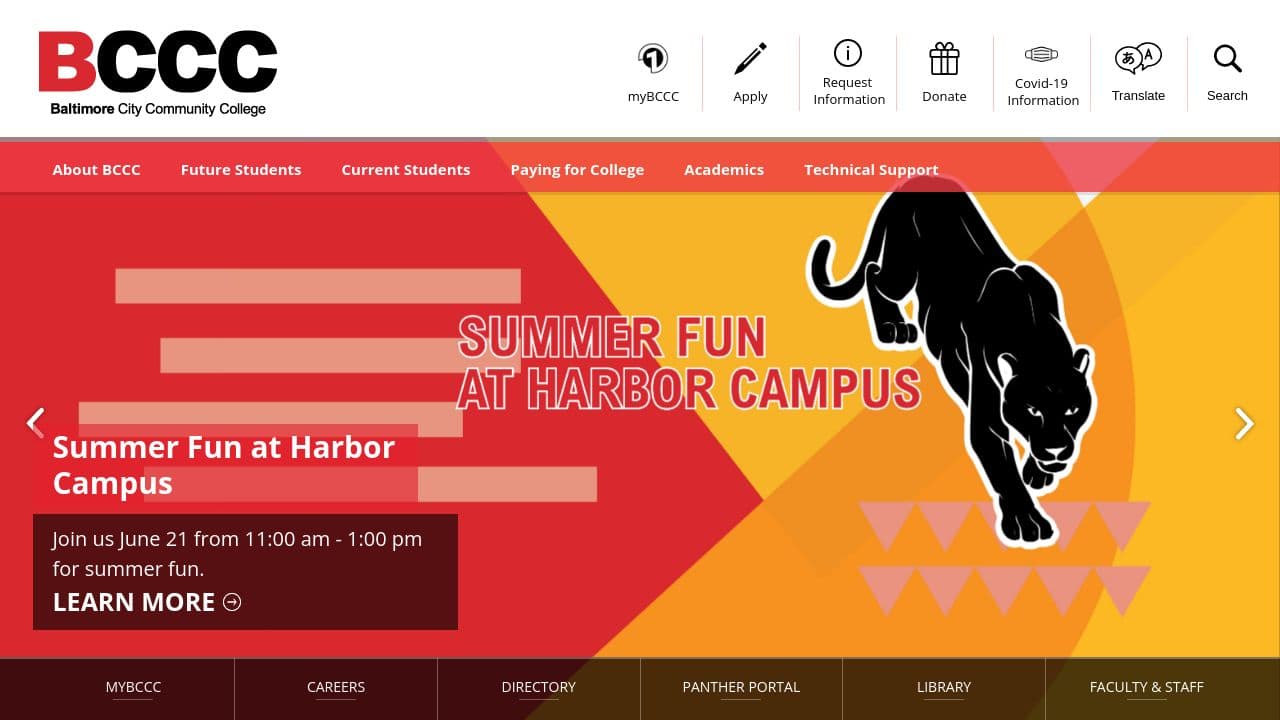 Baltimore City Community College website screenshot