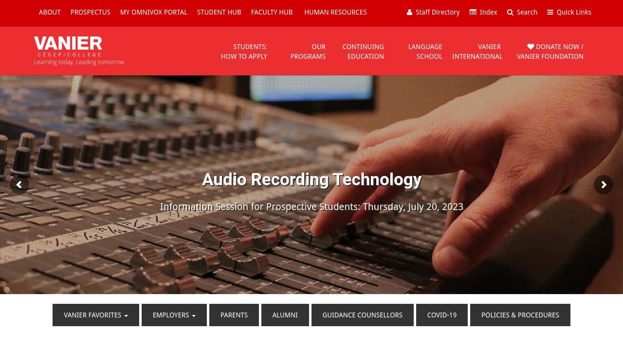 Vanier College website screenshot