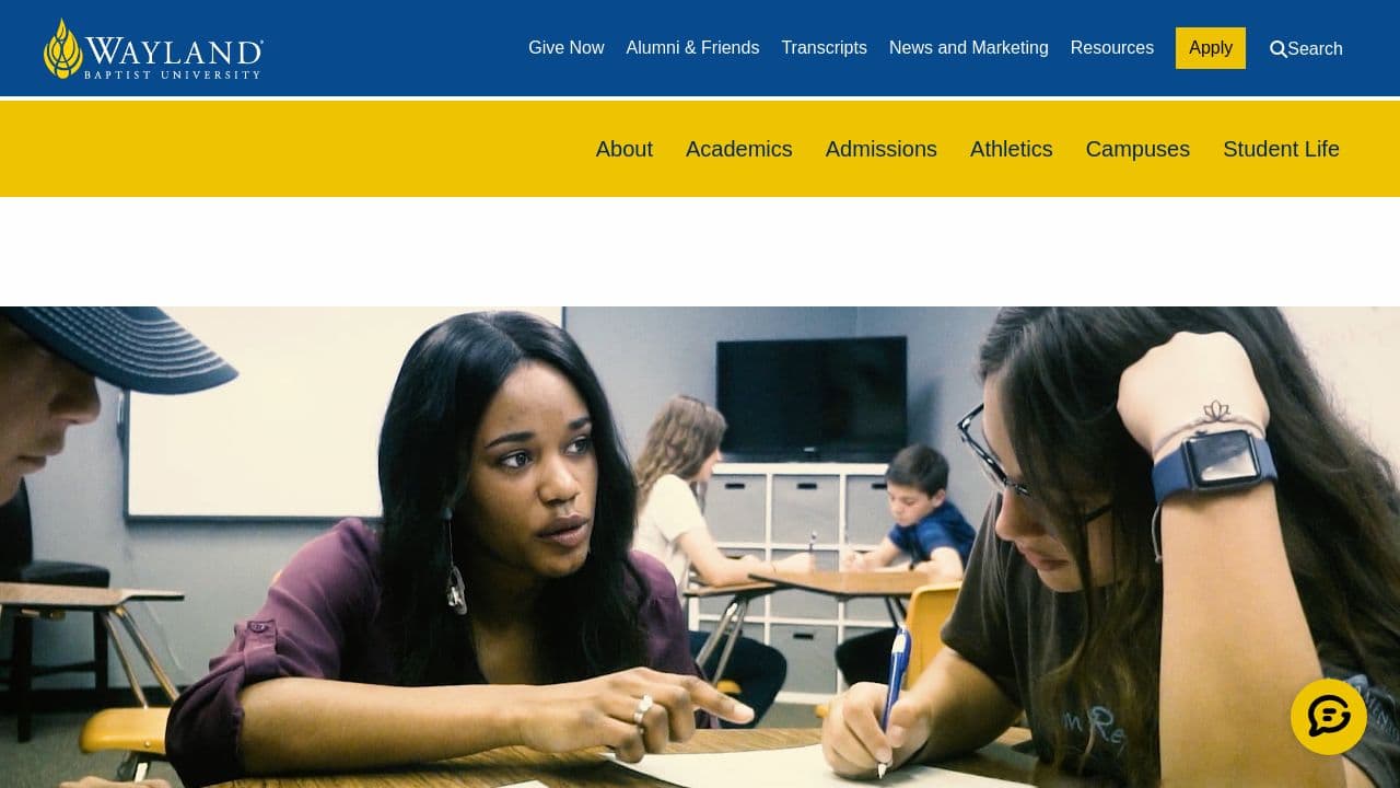 Wayland Baptist University website screenshot