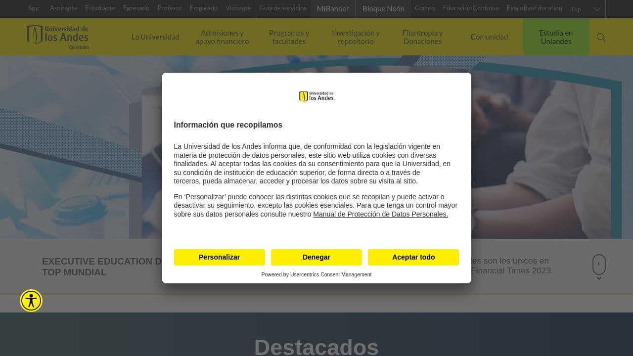 Universidad de Los Andes website screenshot