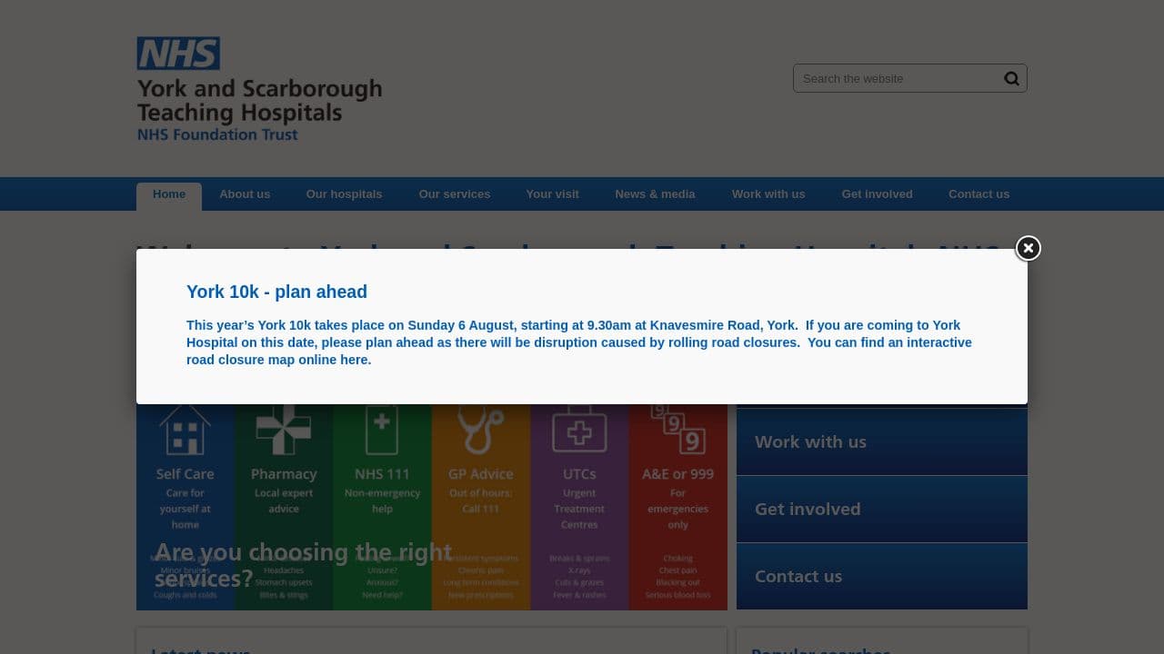 York and Scarborough Teaching Hospitals NHS Foundation Trust website screenshot
