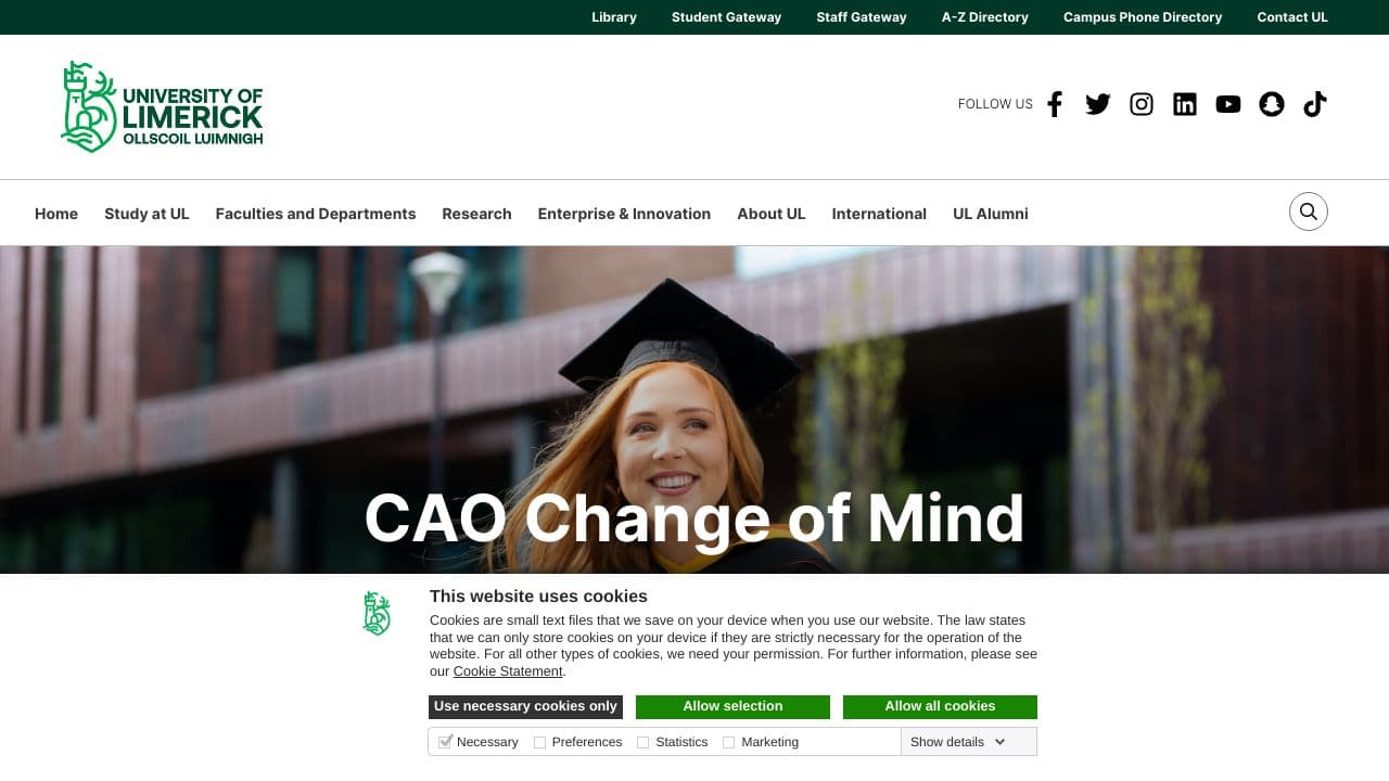 University of Limerick website screenshot
