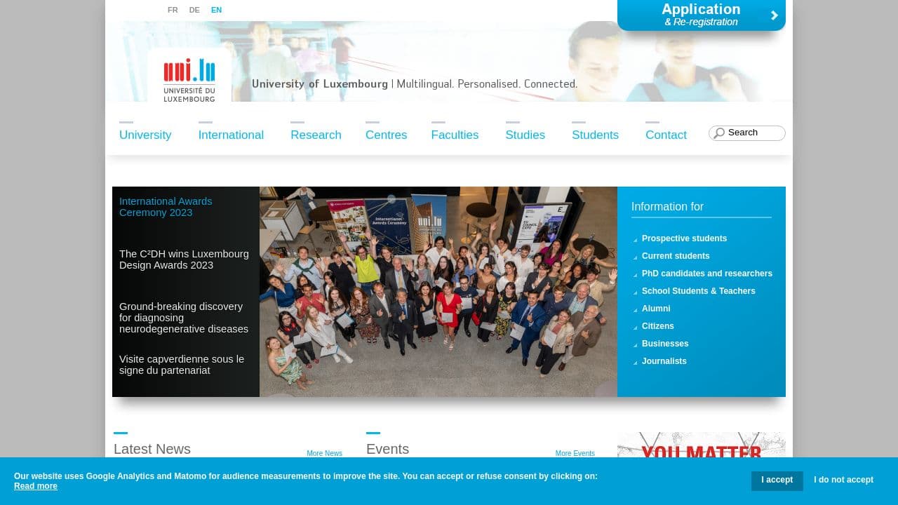 University of Luxembourg website screenshot