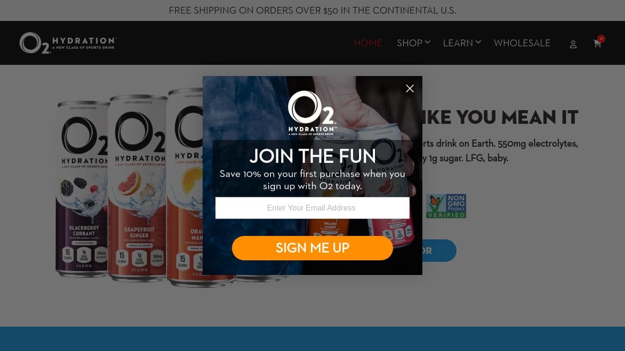 o2 hydration website screenshot