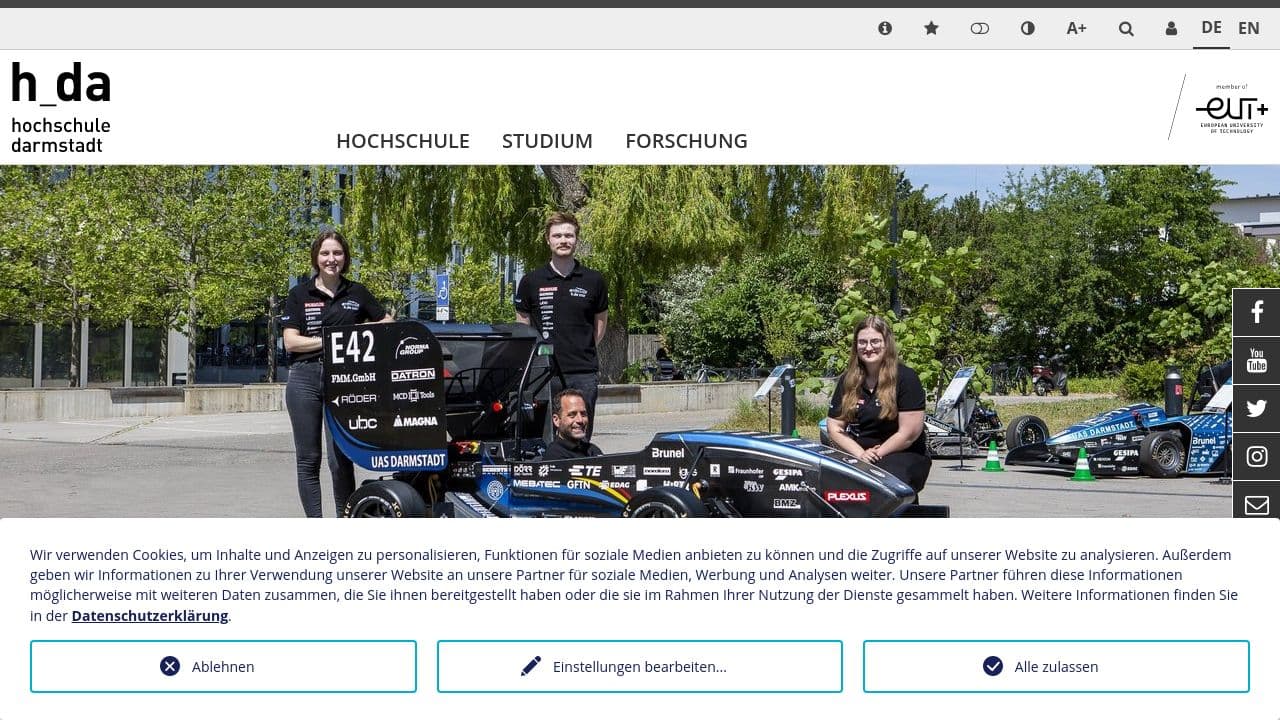 Darmstadt University of Applied Sciences website screenshot