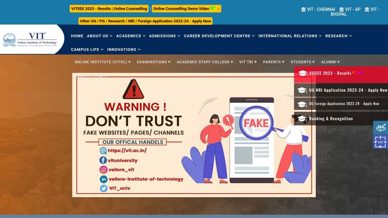 Vellore Institute of Technology website screenshot