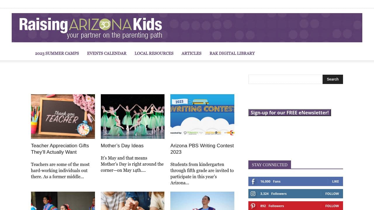 RAISING ARIZONA KIDS website screenshot