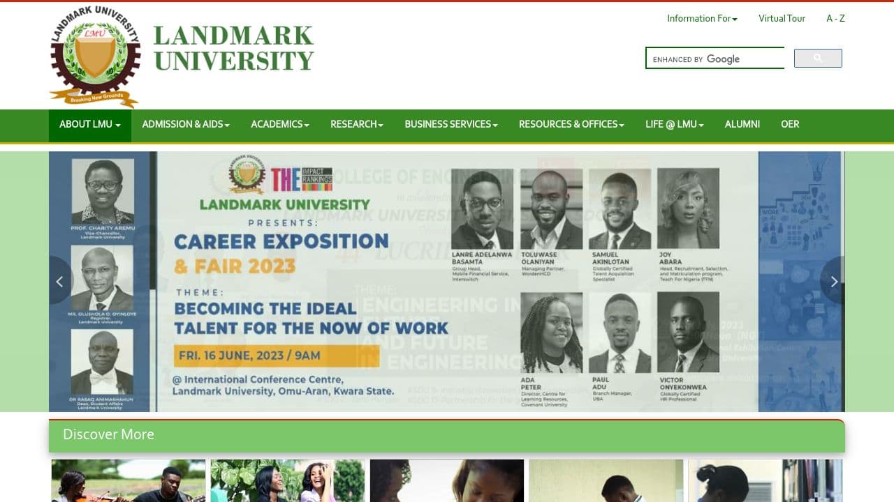 Landmark University website screenshot