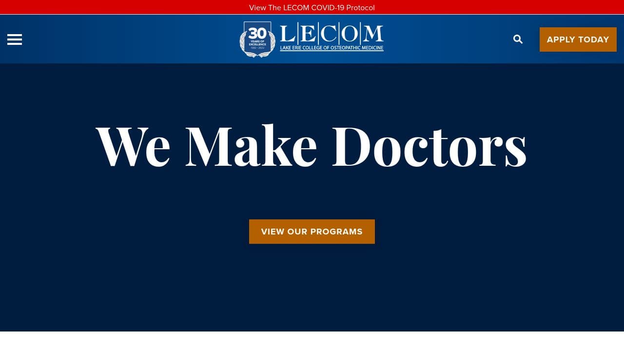 Lake Erie College of Osteopathic Medicine website screenshot