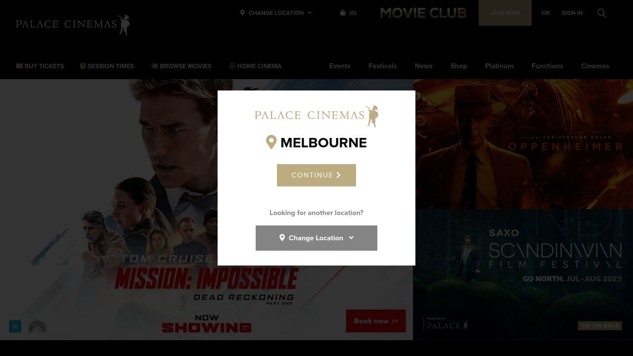 Palace Cinemas website screenshot