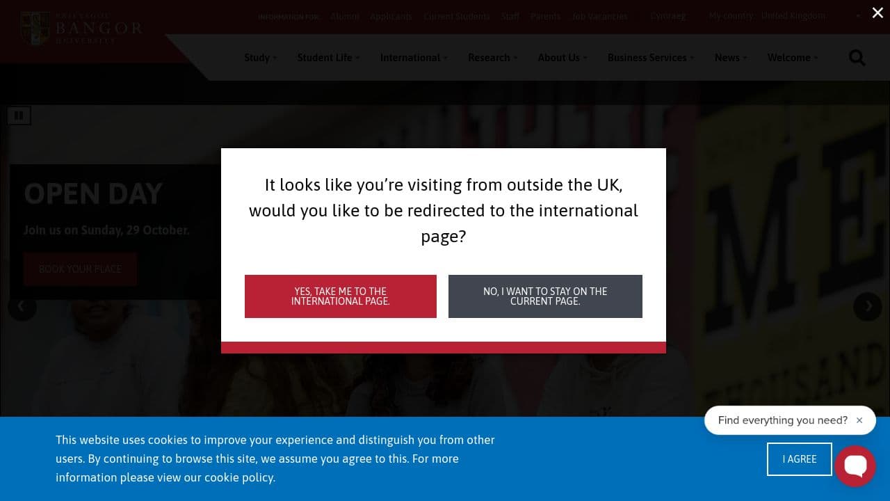 Bangor University website screenshot