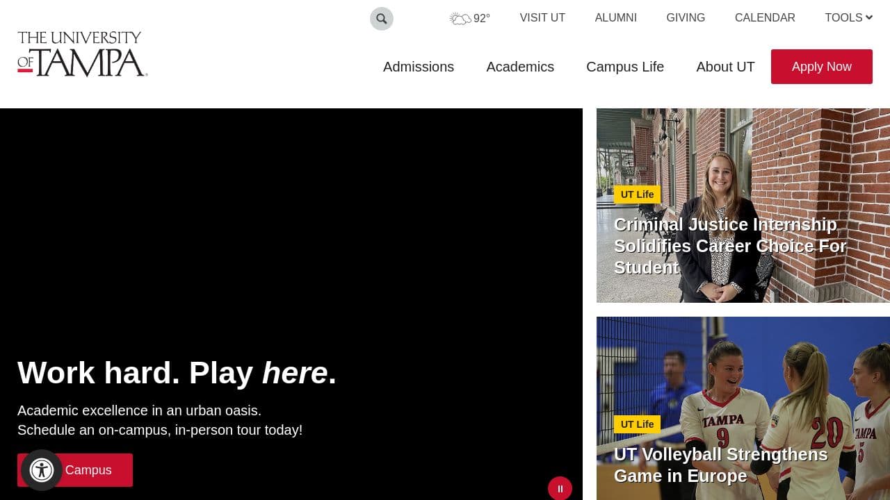 University of Tampa website screenshot