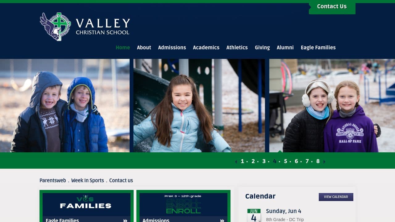 Valley Christian School website screenshot