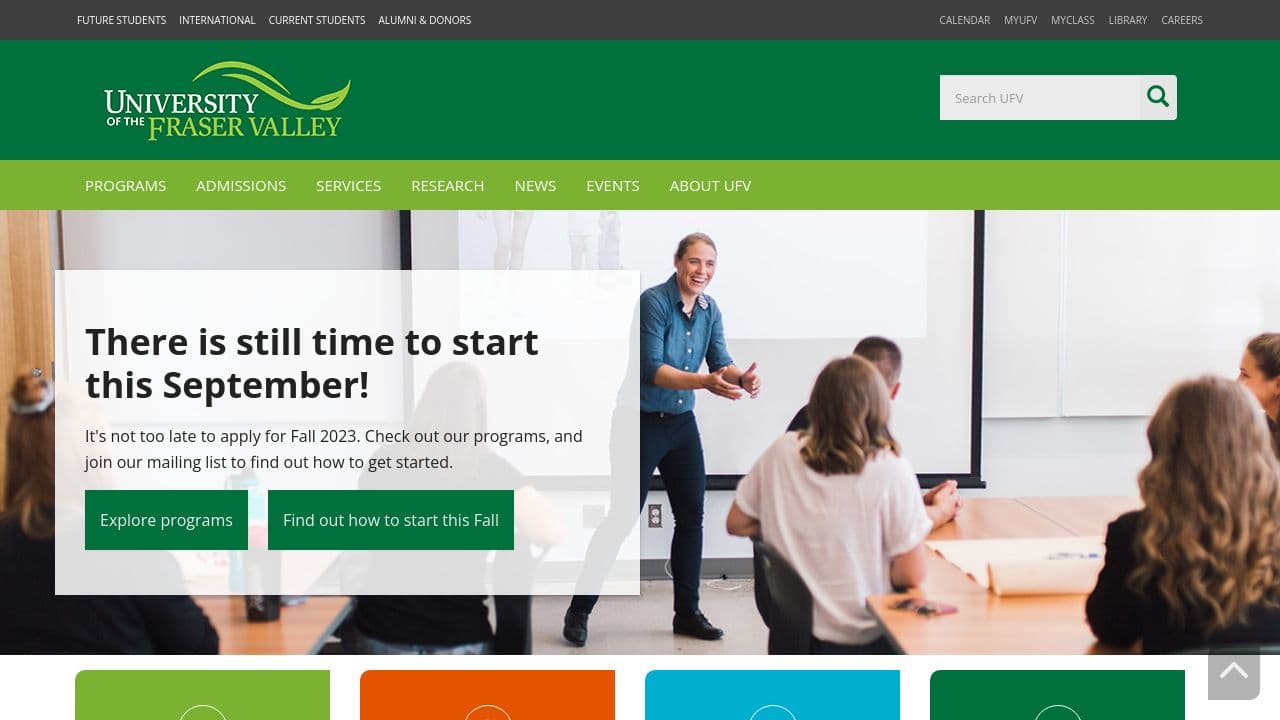 university of the fraser valley website screenshot