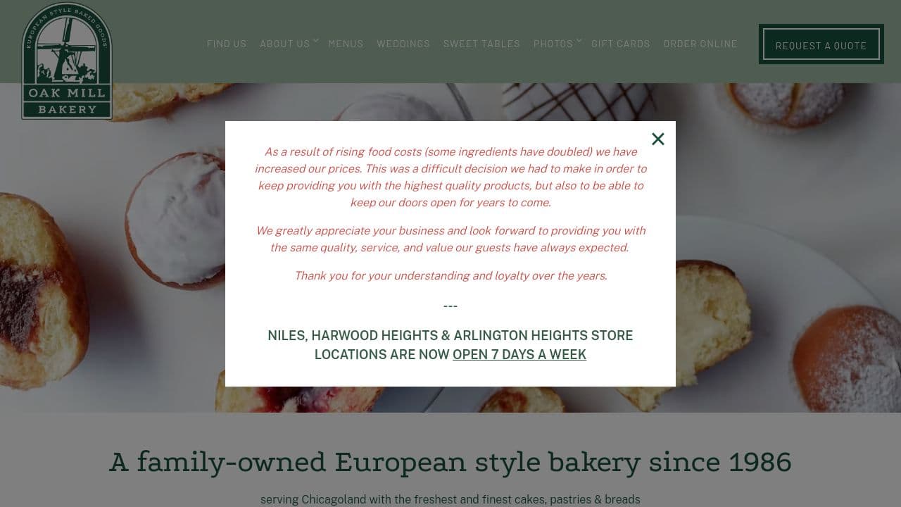 Oak Mill Bakery website screenshot