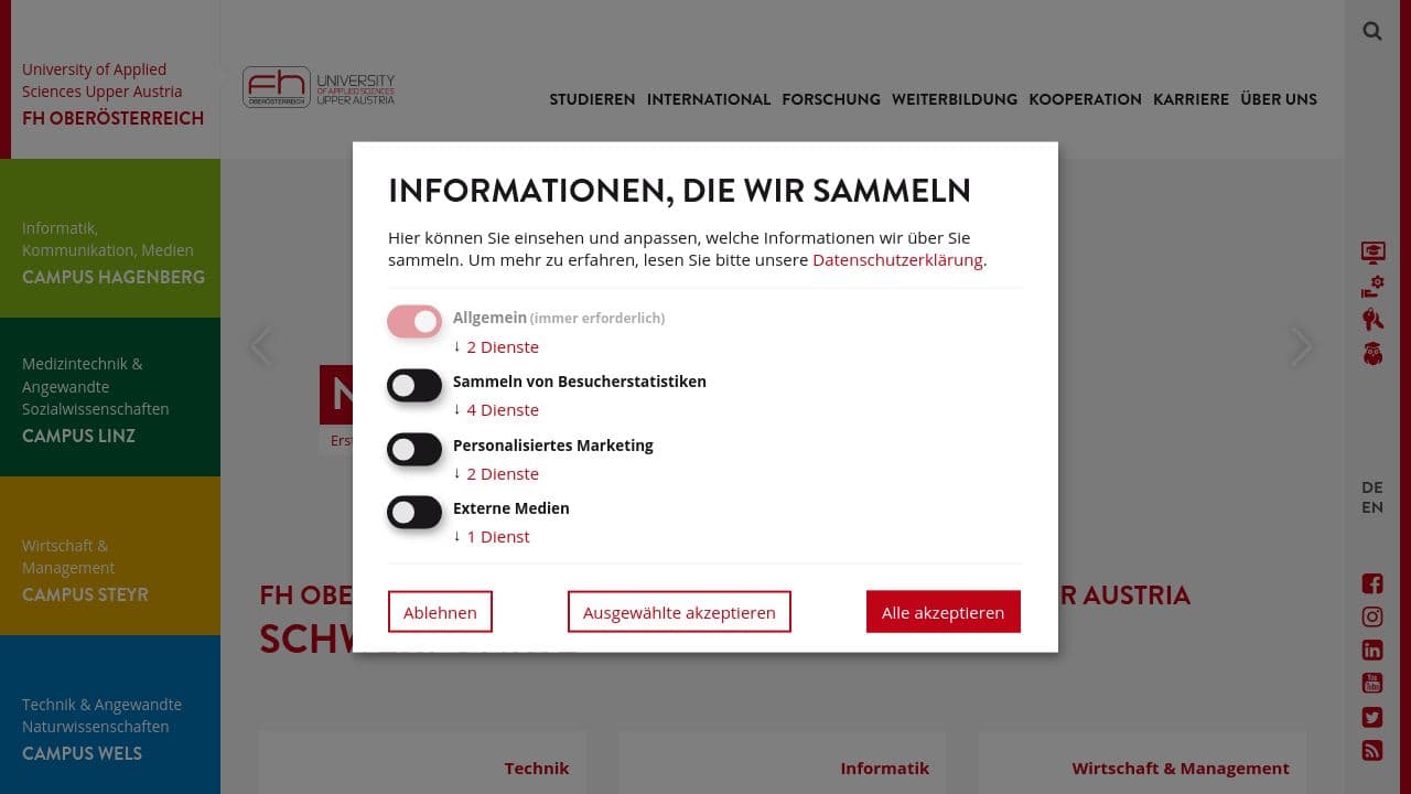 University of Applied Sciences Upper Austria website screenshot