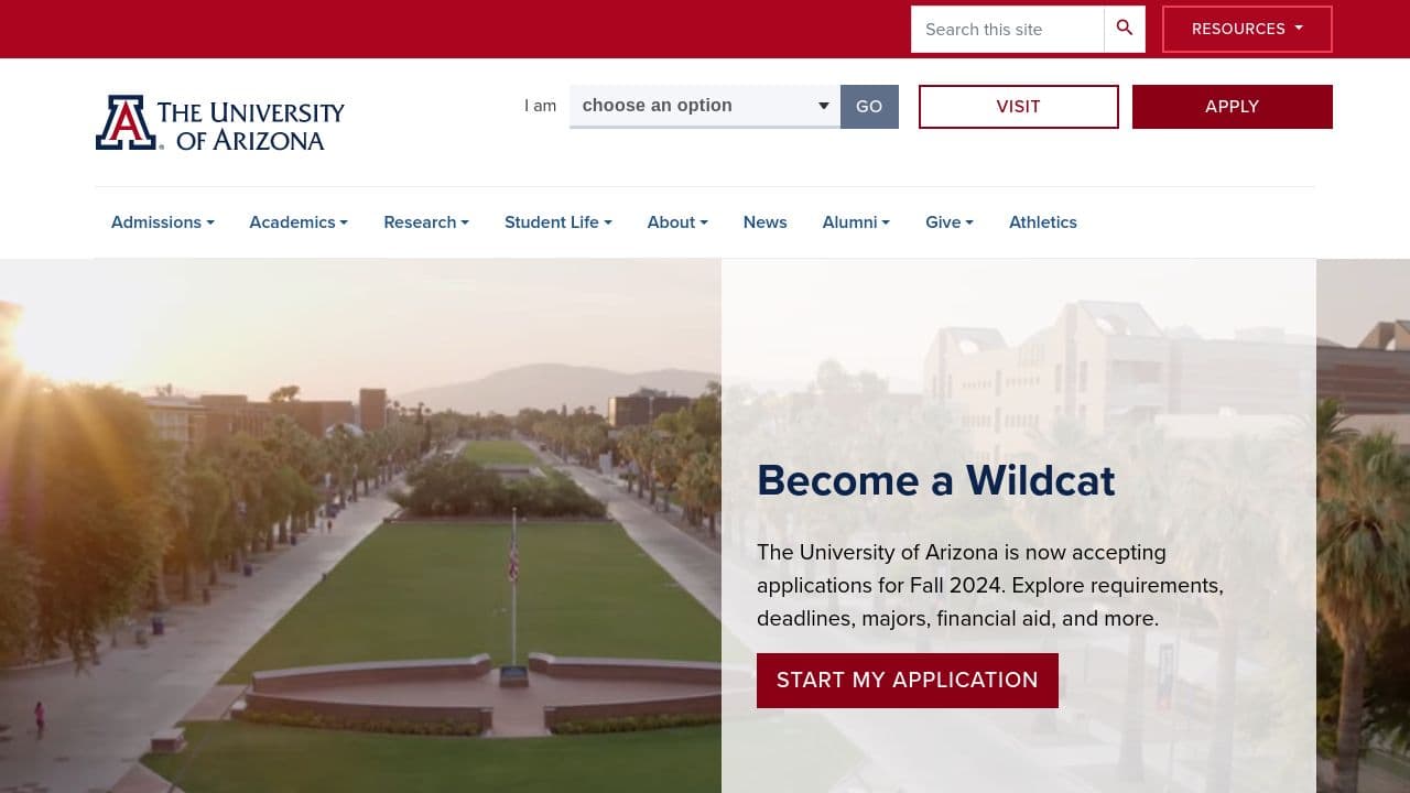 University of Arizona website screenshot