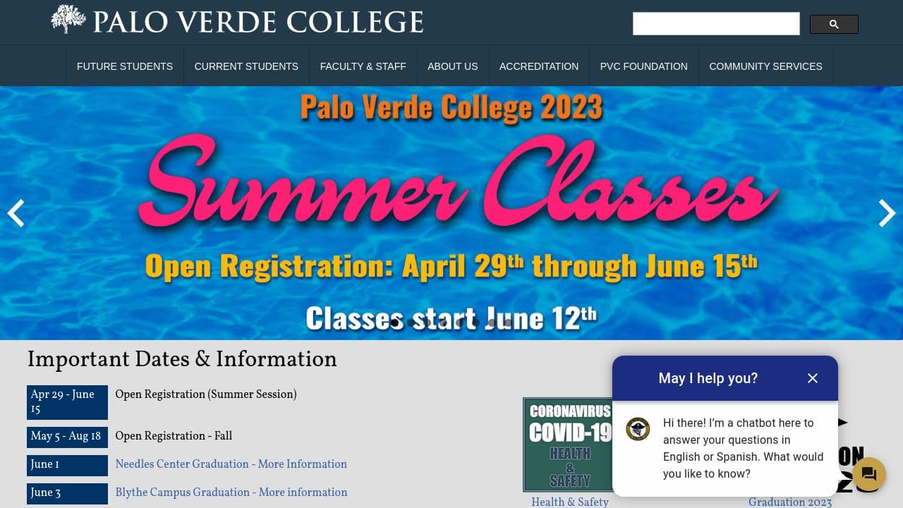 Palo Verde College website screenshot
