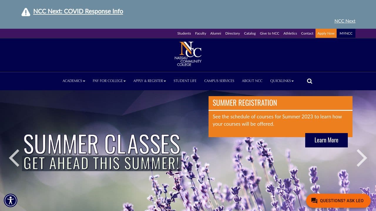 Nassau Community College website screenshot