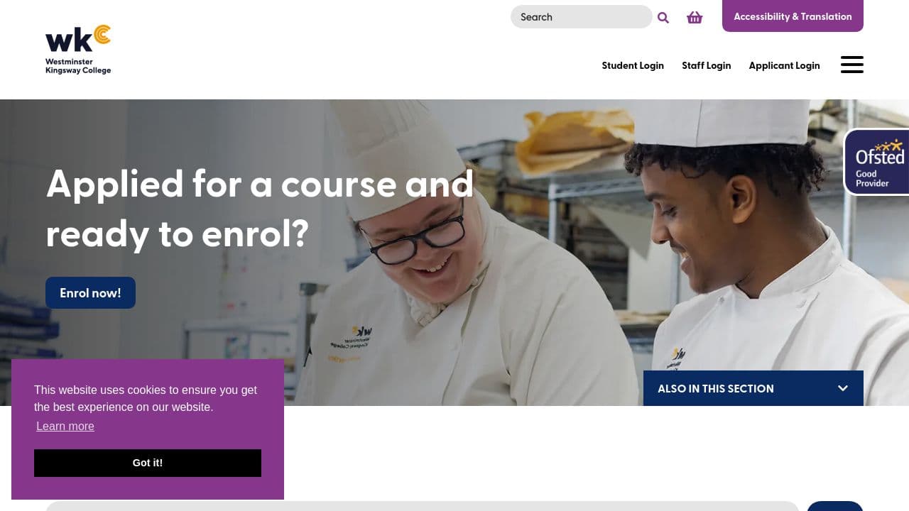 Westminster Kingsway College website screenshot