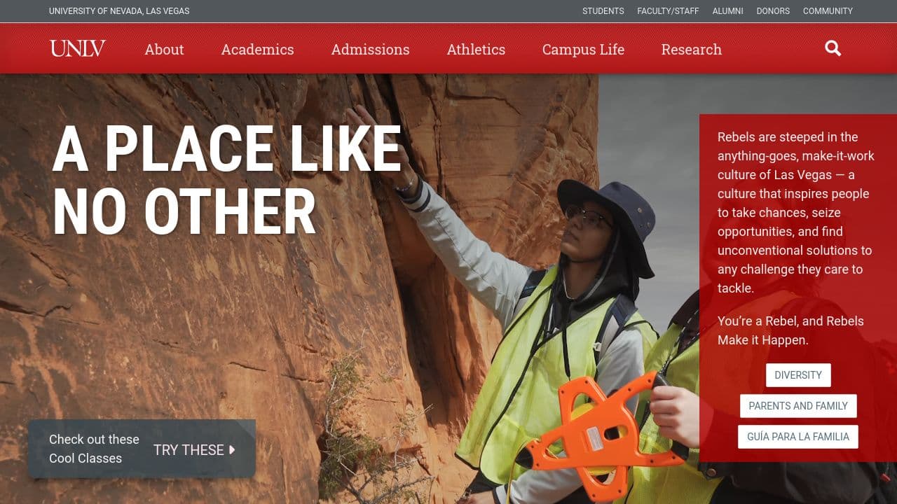 University of Nevada-Las Vegas website screenshot
