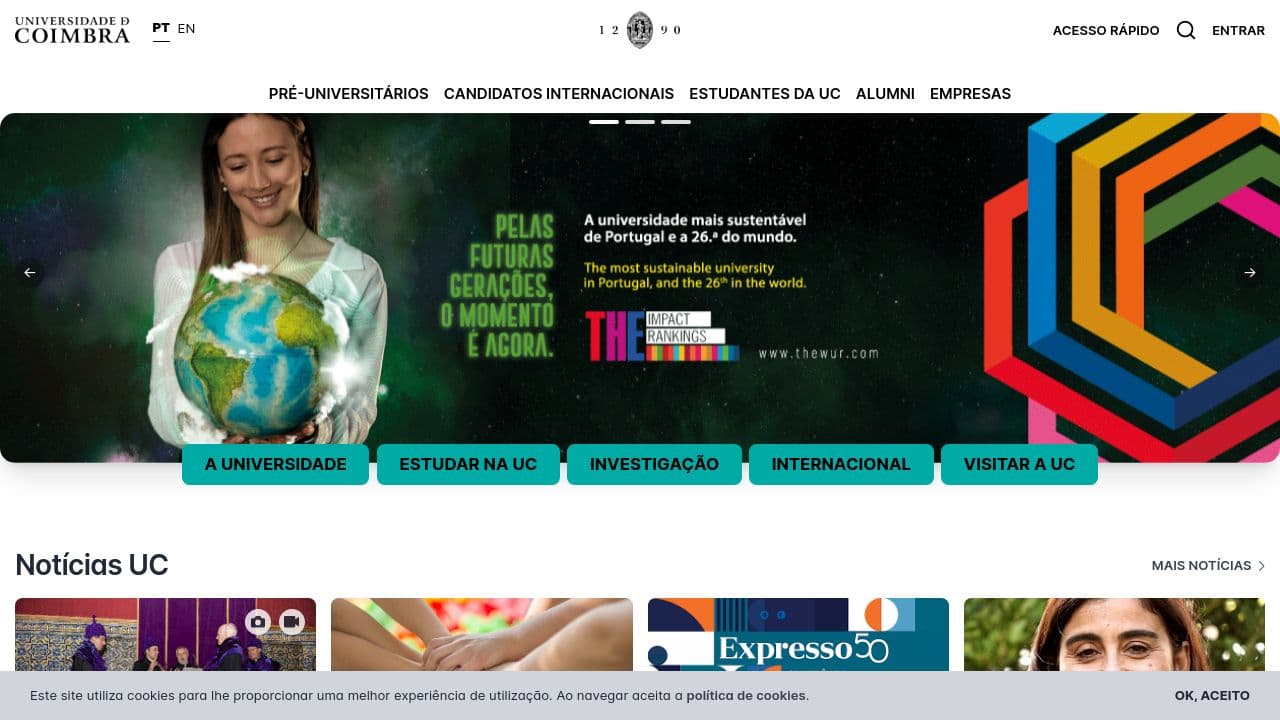 Universidade de Coimbra website screenshot