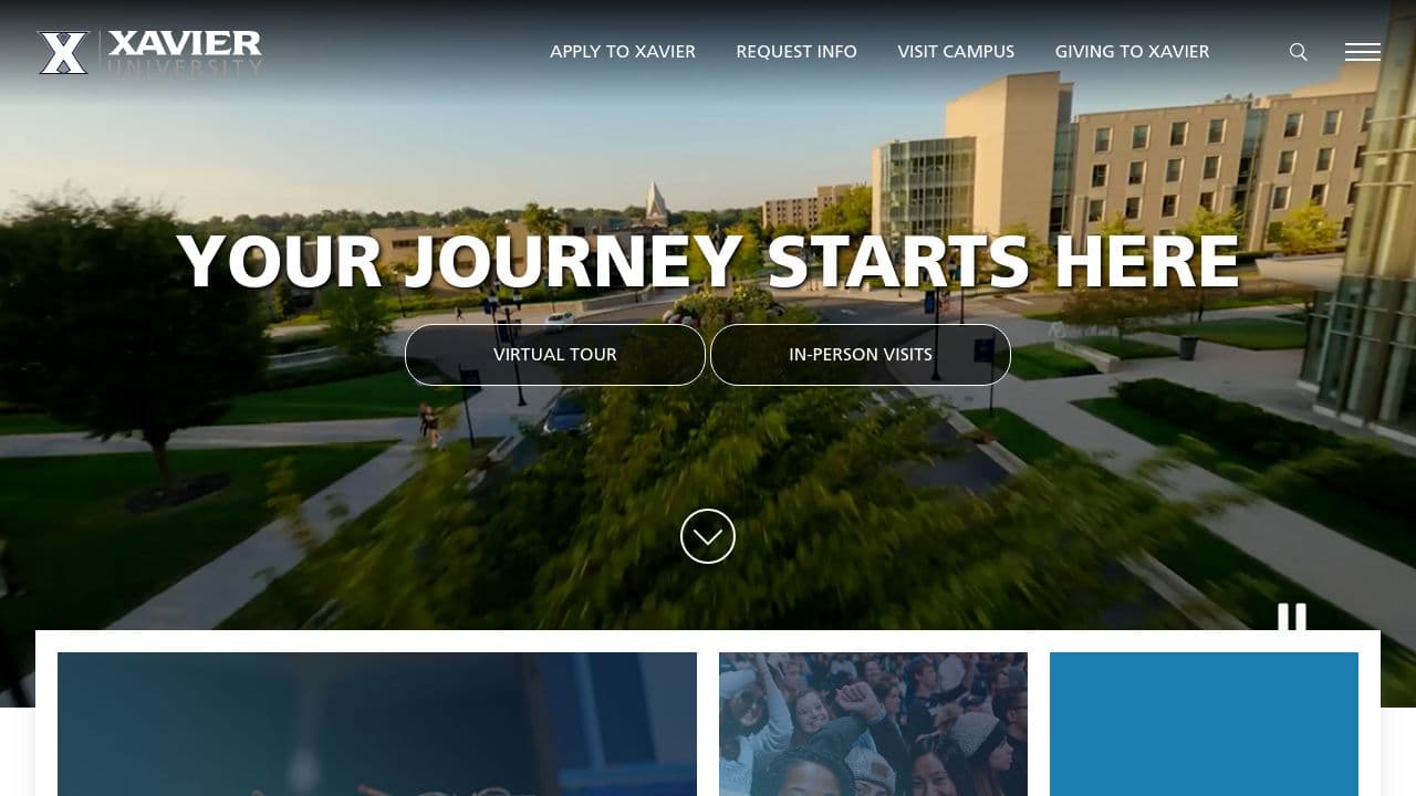 Xavier University website screenshot