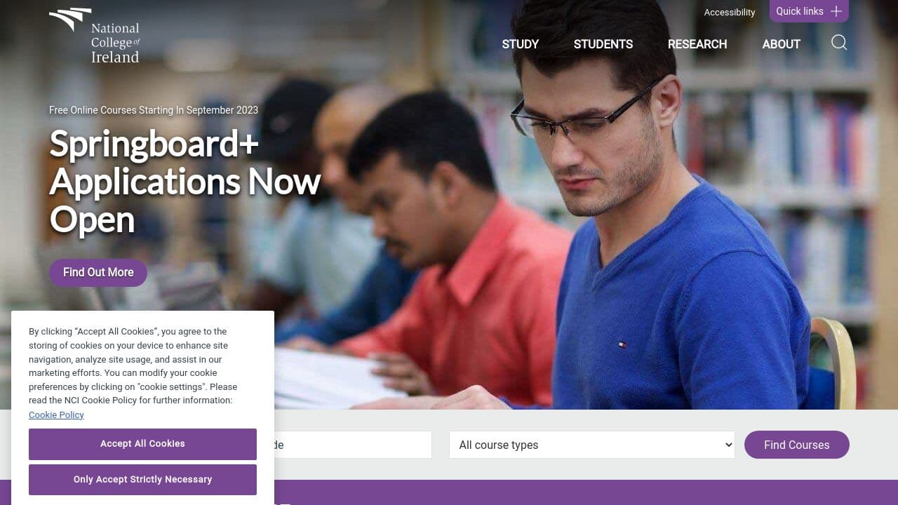 National College of Ireland website screenshot