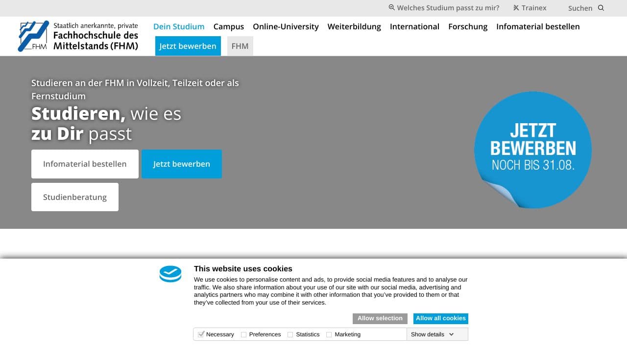 Fachhochschule des Mittelstandes Bielefeld website screenshot