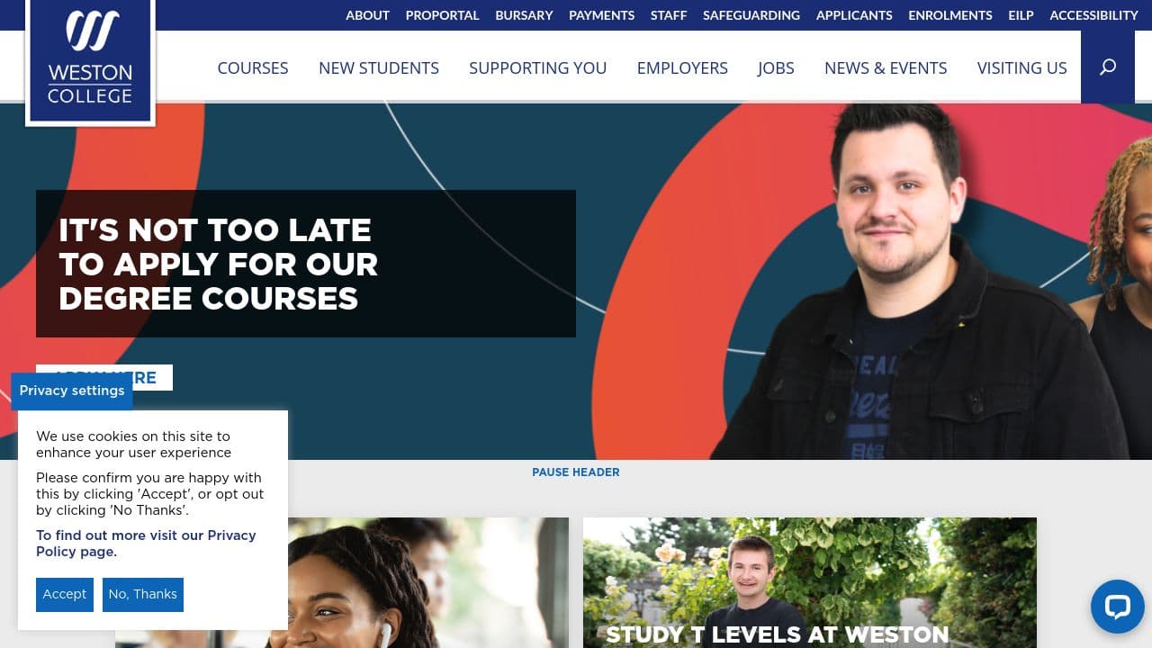 Weston College website screenshot