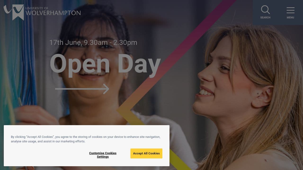 University of Wolverhampton website screenshot