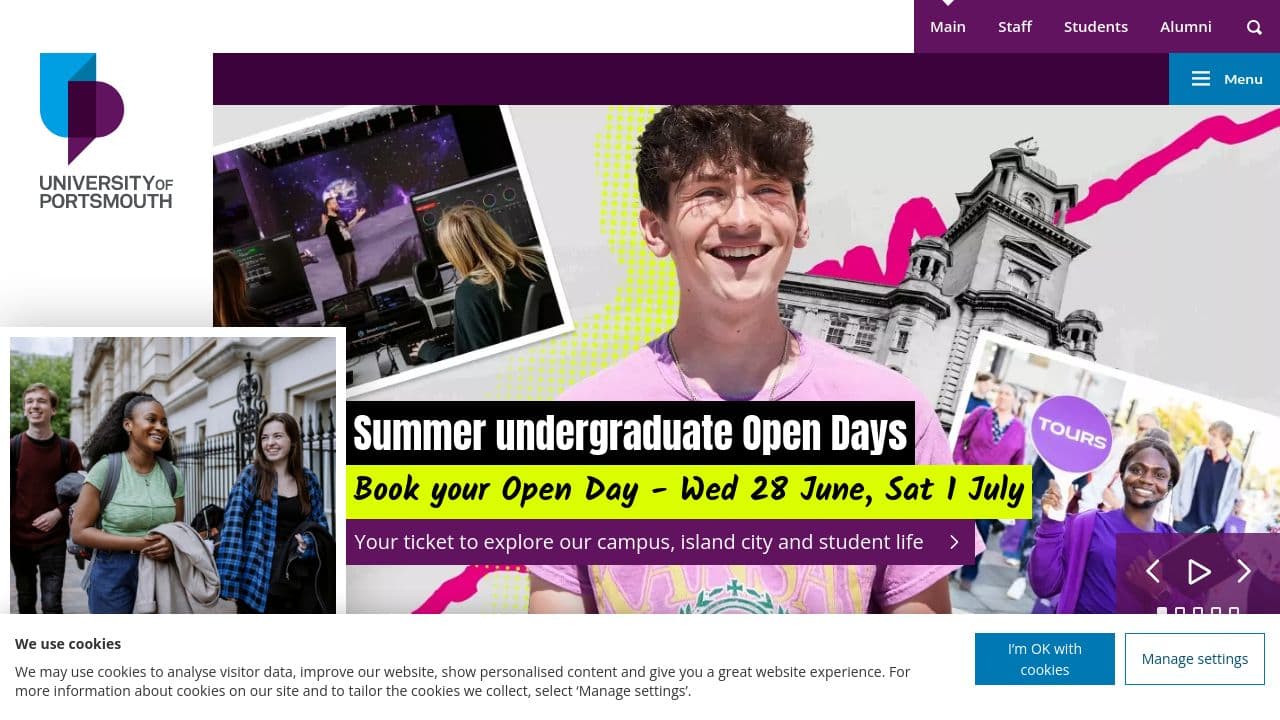 University of Portsmouth website screenshot