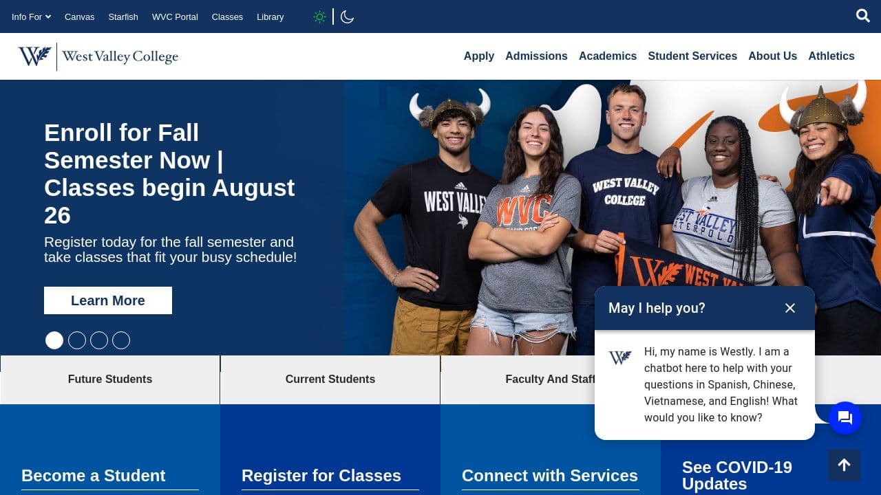 west valley college website screenshot