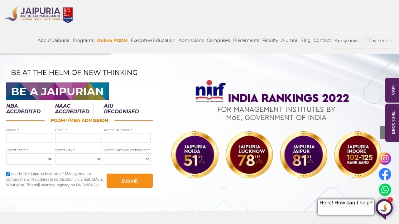 jaipuria institute of management website screenshot