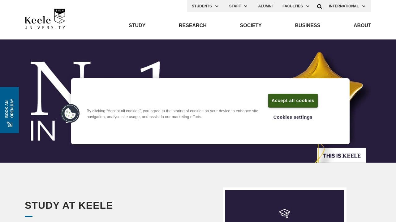 Keele University website screenshot