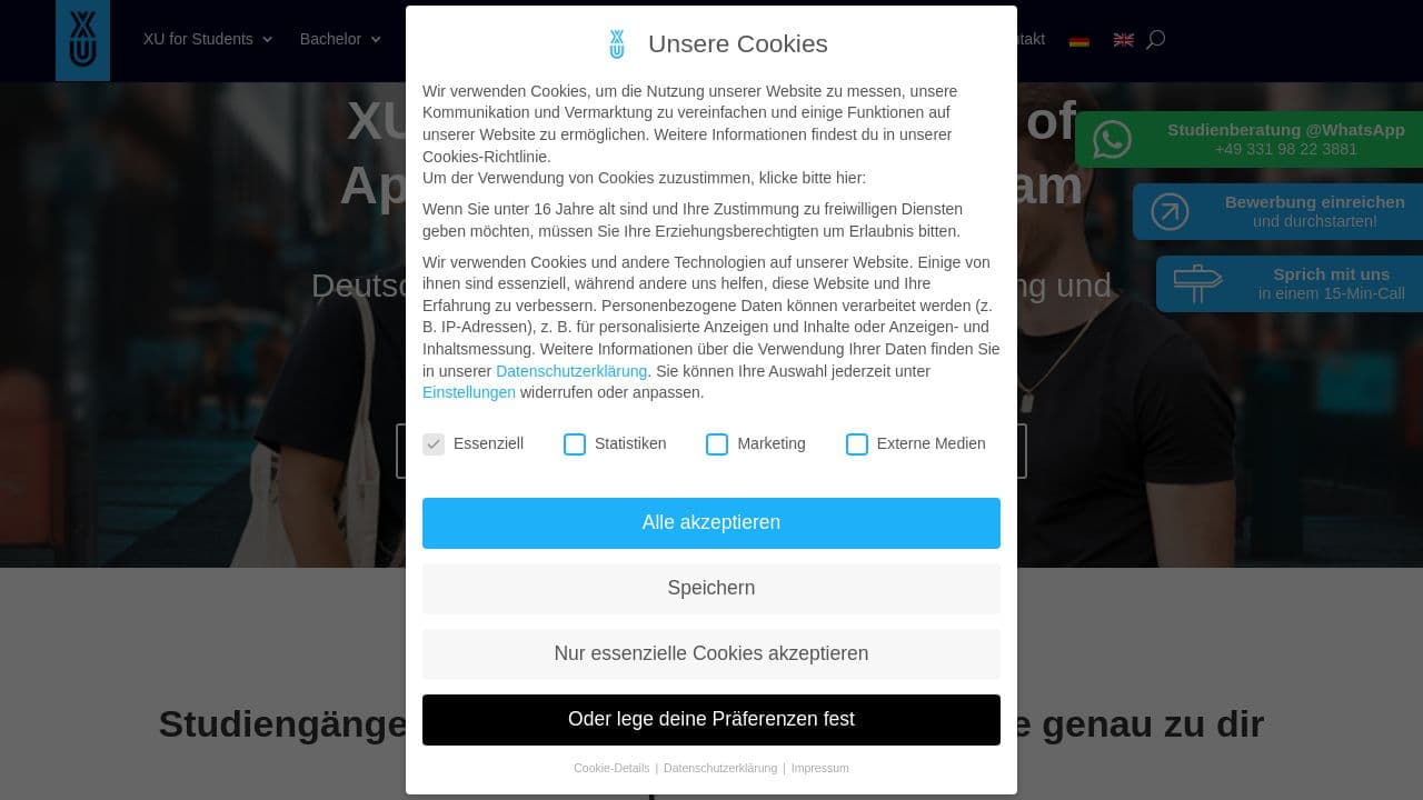 XU Exponential University of Applied Sciences website screenshot