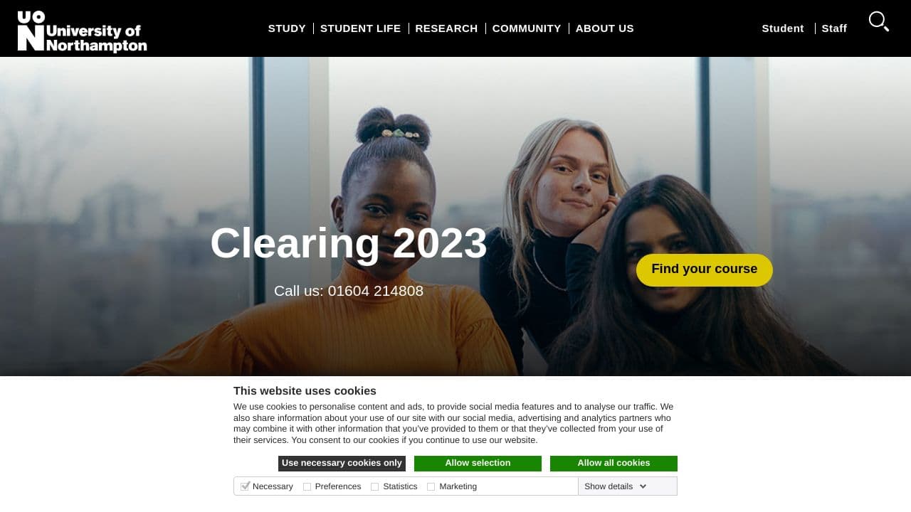 University of Northampton website screenshot