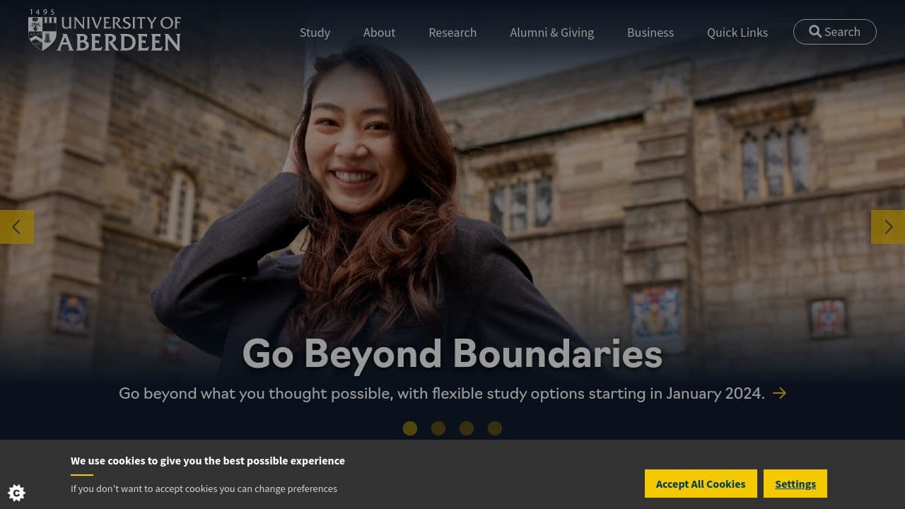 University of Aberdeen website screenshot