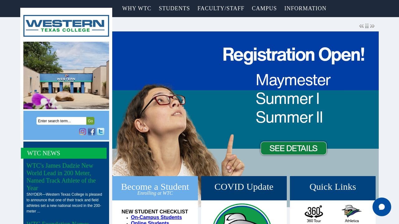 Western Texas College website screenshot