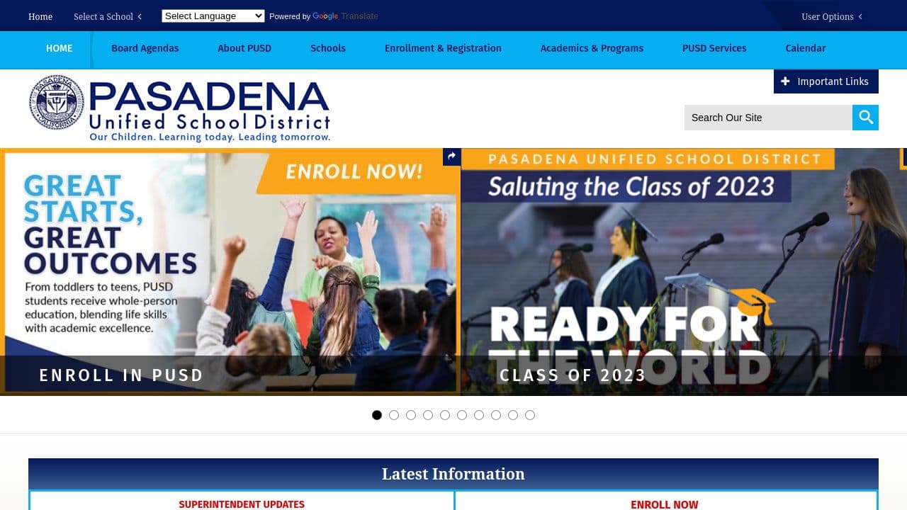 Pasadena Unified School District website screenshot