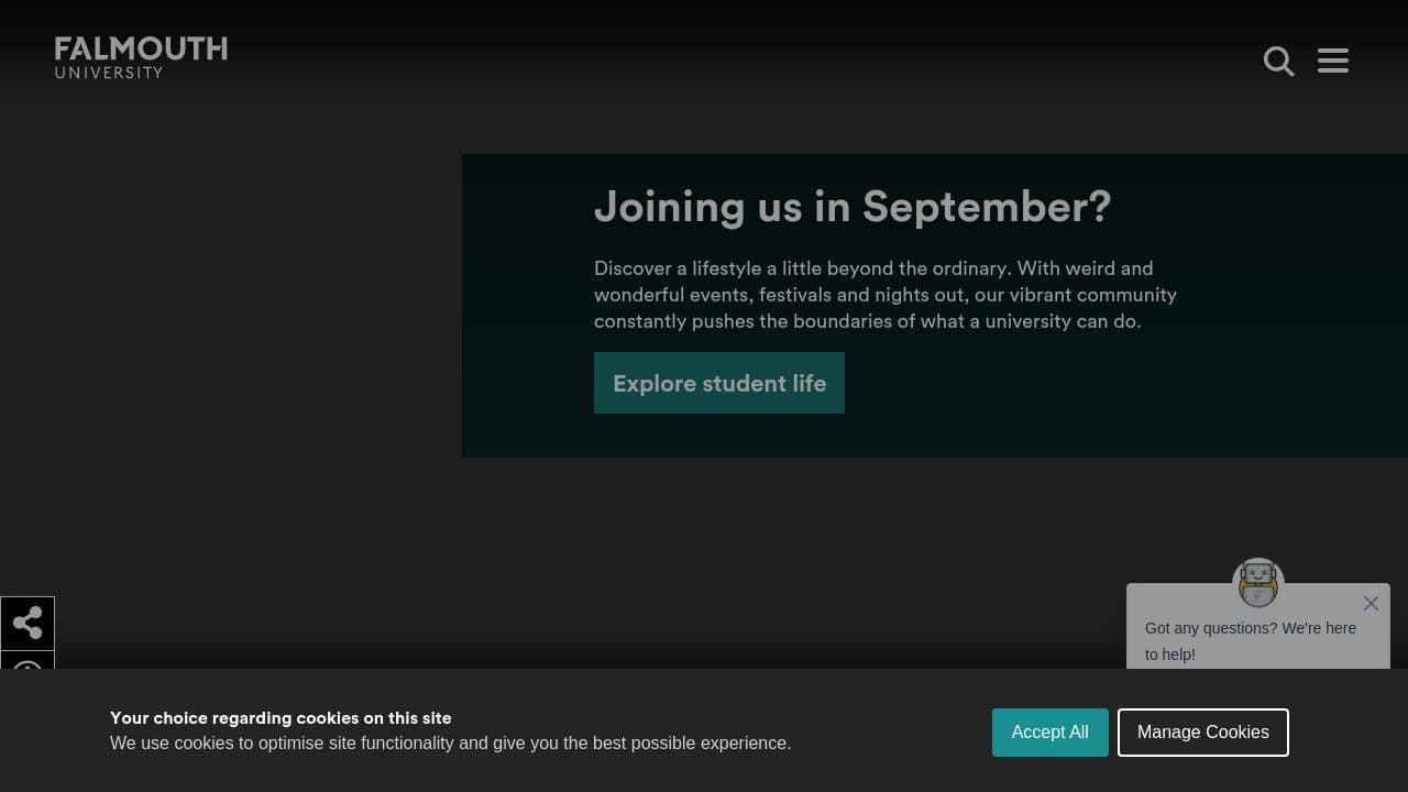 Falmouth University website screenshot