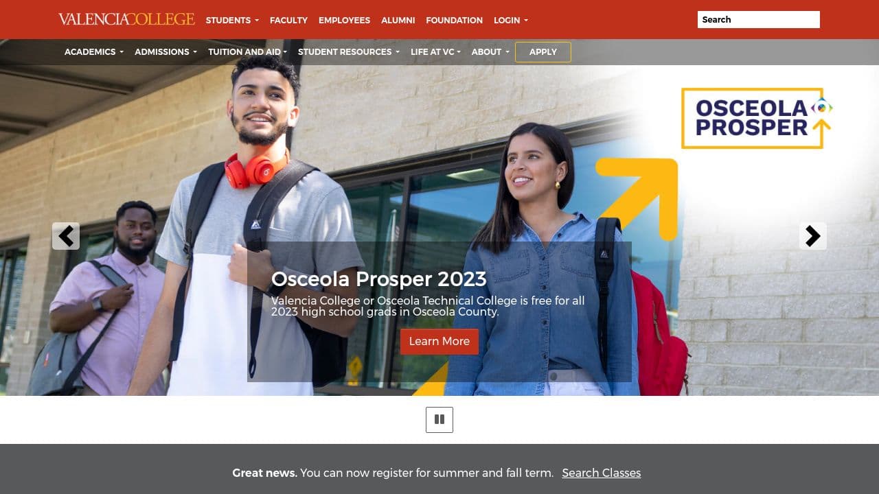valencia college website screenshot