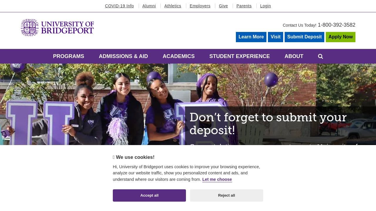 University of Bridgeport website screenshot