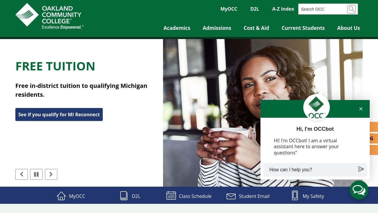 Oakland Community College website screenshot