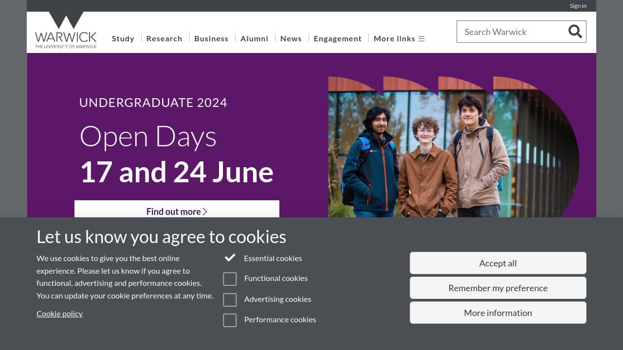 University of Warwick website screenshot