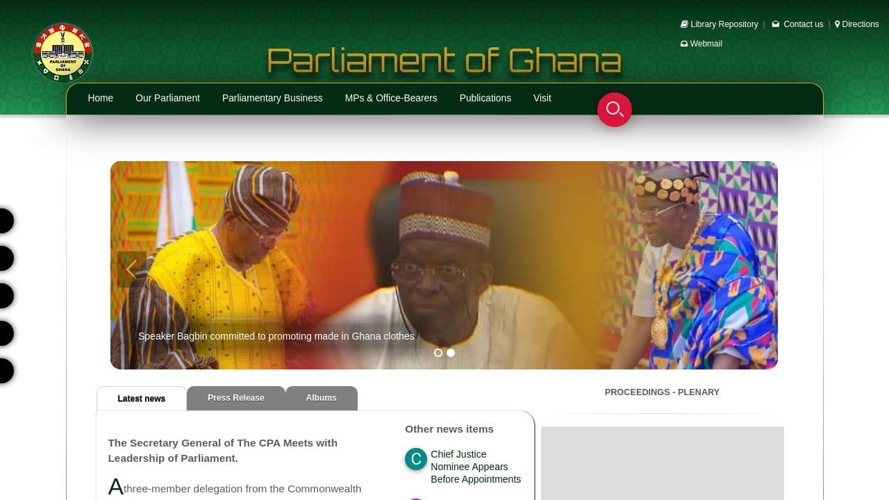 Parliament of Ghana website screenshot