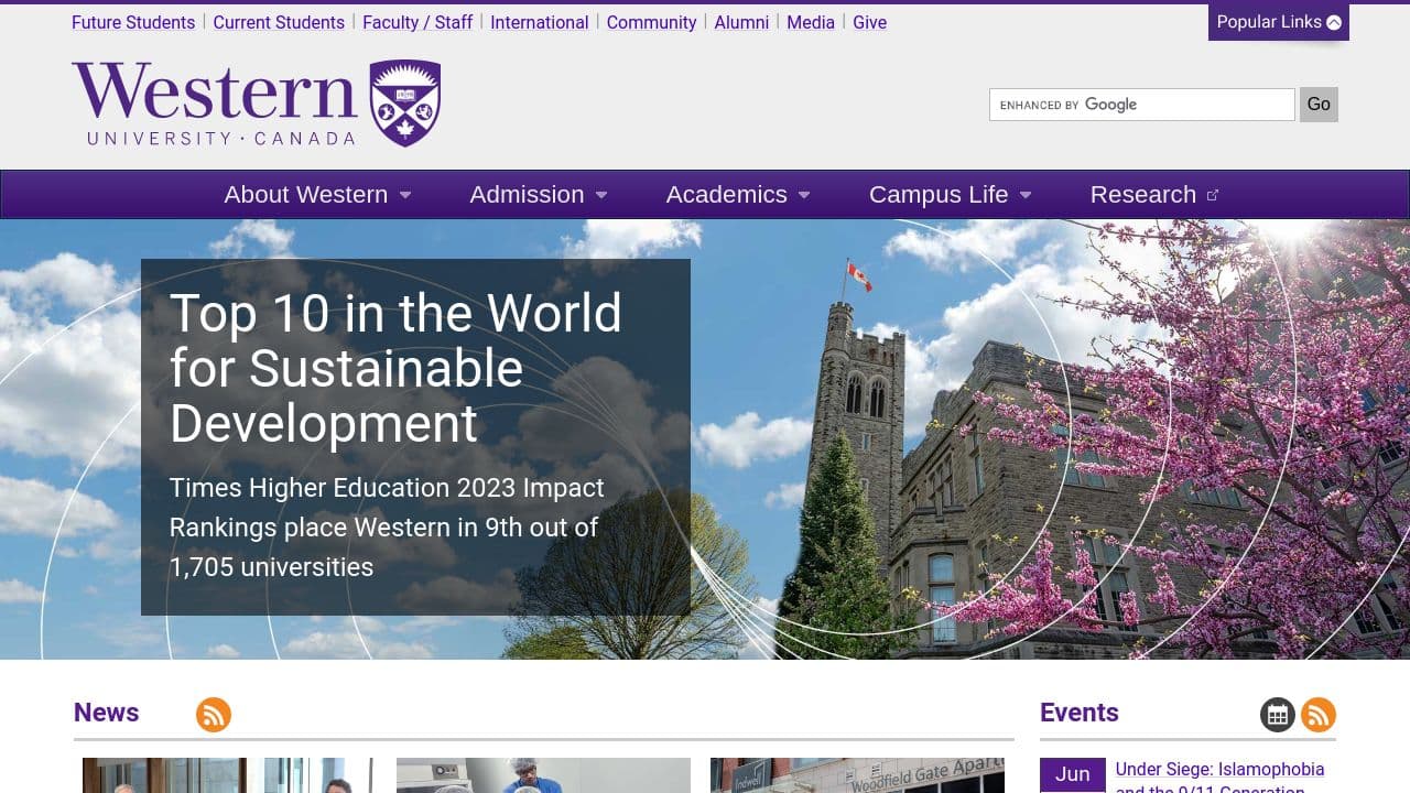 Western University website screenshot