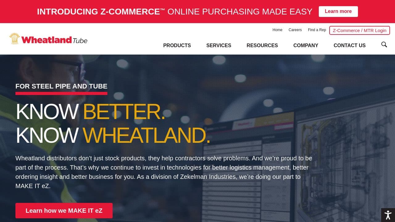 Wheatland Tube website screenshot
