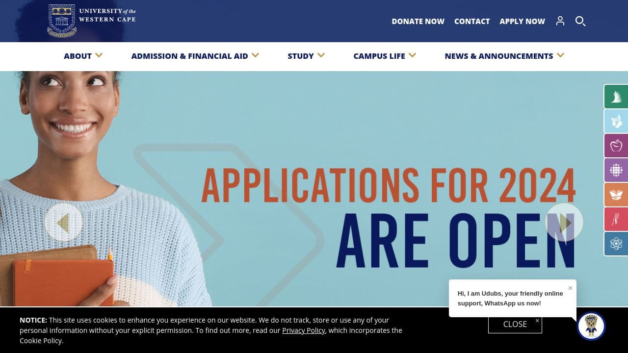 University of the Western Cape website screenshot